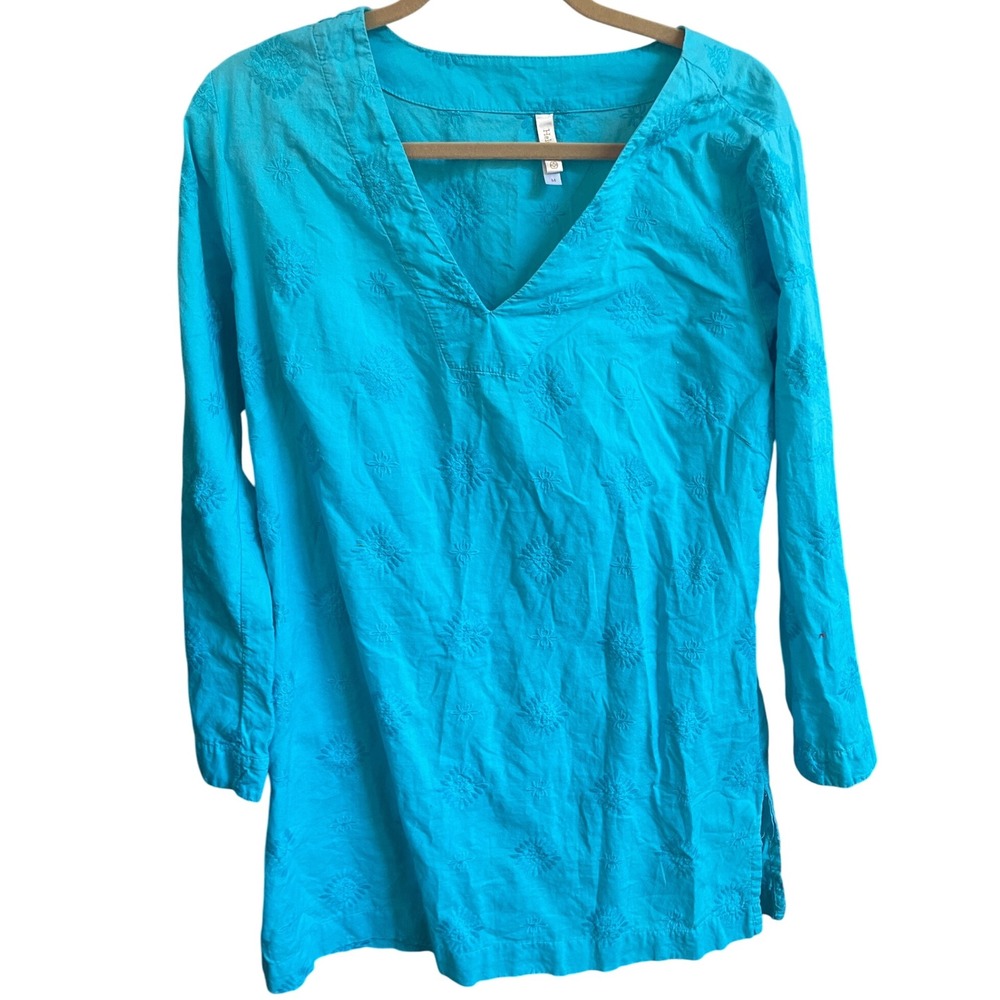 Helen Jon Embroidered Tunic Cover-Up V-Neck Long Sleeve Aqua Blue M